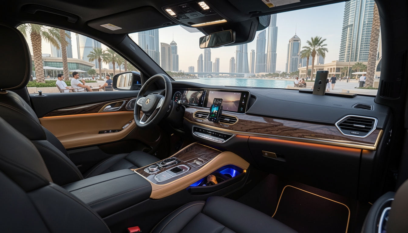 Luxury car interior with a view of a city skyline through the windshield.